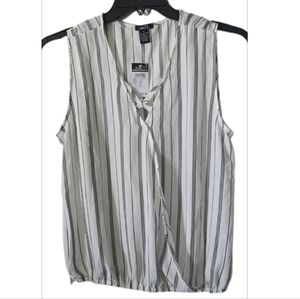 💖 Black & White Striped Sleeveless Blouse Tank Top Cross Neck Shirt NEW Large